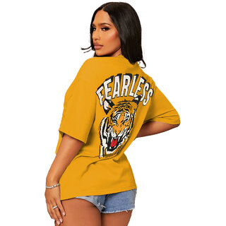                       Leotude YELLOW Printed Cotton Blend Round Neck Half Sleeve T-Shirts For Womens                                              