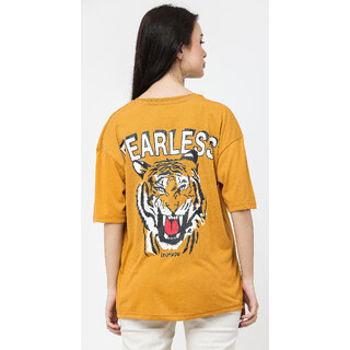Leotude YELLOW Printed Cotton Blend Round Neck Half Sleeve T-Shirts For Womens