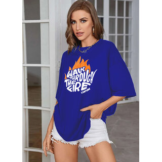                       Leotude Blue Printed Cotton Blend Round Neck Half Sleeve T-Shirts For Womens                                              