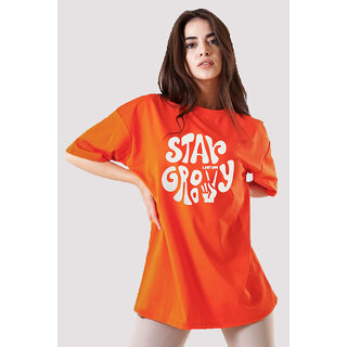                       Leotude Orange Printed Cotton Blend Round Neck Half Sleeve T-Shirts For Womens                                              