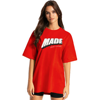                       Leotude Red Printed Cotton Blend Round Neck Half Sleeve T-Shirts For Womens                                              