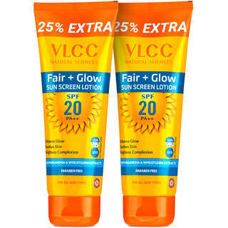                       VLCC Fair+ Glow Sunscreen Lotion SPF 20 PA ++ - 100 g with 25 g Extra ( Pack of 2 )                                              