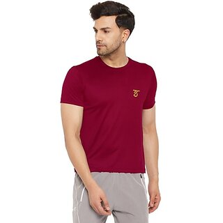                       THREE Men Solid Round Neck Poly Cotton Red T-Shirt                                              