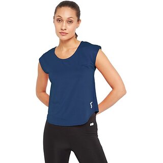                       THREE Women Self Design Round Neck Polyester Navy Blue T-Shirt                                              