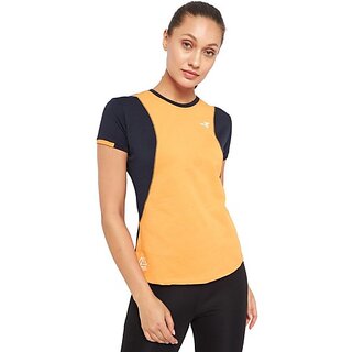                       THREE Women Self Design Round Neck Poly Cotton Yellow T-Shirt                                              