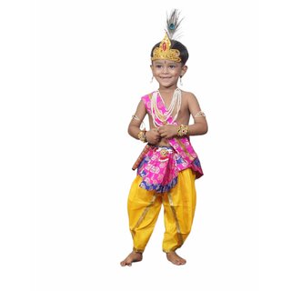                       Kaku Fancy Dresses Krishna Costume (Dhoti, Patka, Mukut, Mala, Bajuband, Bansuri, Morpankh), 1-2Yrs                                              