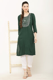 Elizy Women Dark Green Embroidered Kurti With White Pant