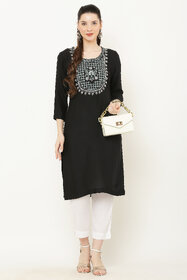 Elizy Women Black Embroidered Kurti With White Pant