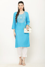 Elizy Women Sky Blue Embroidered Kurti With White Pant