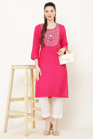 Elizy Women Pink Embroidered Kurti With White Pant