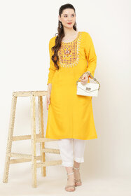 Elizy Women Yellow Embroidered Kurti With White Pant