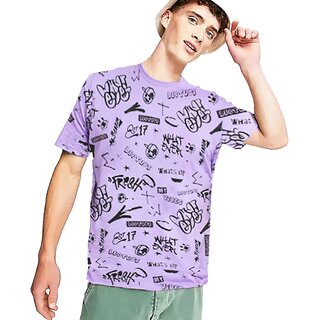                       Leotude Men Purple Printed Cotton Blend Casual T-Shirt                                              