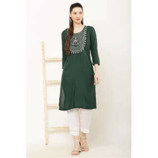                       Elizy Women Dark Green Embroidered Kurti With White Pant                                              