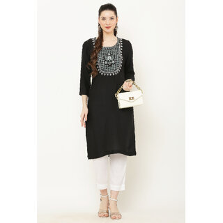                       Elizy Women Black Embroidered Kurti With White Pant                                              