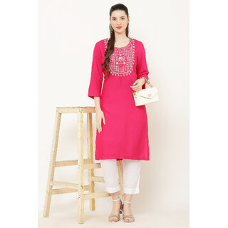                       Elizy Women Pink Embroidered Kurti With White Pant                                              