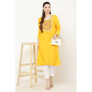                       Elizy Women Yellow Embroidered Kurti With White Pant                                              