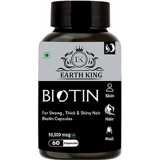                       EARTH KING Biotin Capsule for Hair Growth  and  Glowing Skin, Fights Nail Brittleness -10000Mcg (60 Capsules)                                              