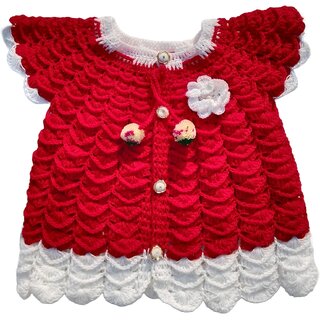 Baby gilr hand knitted sweater cum frock(red  white)