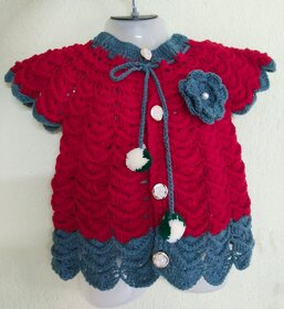 Baby gilr hand knitted sweater cum frock(red And grey)