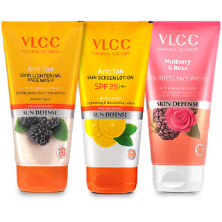                       VLCC Anti Tan Face Wash & Mulberry & Rose Face Wash & Anti Tan Sunscreen SPF+25 -150 ml (Pack of 3)                                              