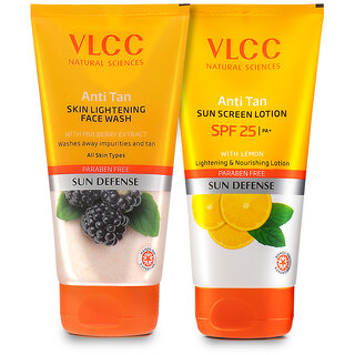                       VLCC Anti Tan Skin Lightening Face Wash & Anti Tan Sun Screen Lotion SPF 25 PA+ -150 ml (Pack of 2)                                              
