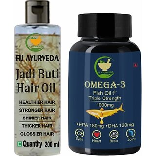                       FIJ AYURVEDA Triple Strength Omega 3 Softgel 1000mg with Jadi Buti Hair Oil 200MlCombo Pack (1000 mg)                                              