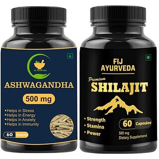                       FIJ AYURVEDA Ashwagandha Capsule with Premium Shilajit Capsule for Anxiety, Stamina  and  Energy (Pack of 2)                                              