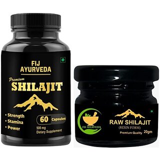                       FIJ AYURVEDA Raw Shilajit Resin 20Gm with Premium Shilajit Capsule 60 Capsules (Combo Pack) (Pack of 2)                                              