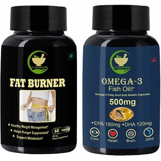                       FIJ AYURVEDA Fat Burner Capsule for Weight Loss with Omega3 Capsule Combo Pack (2 x 500 mg)                                              