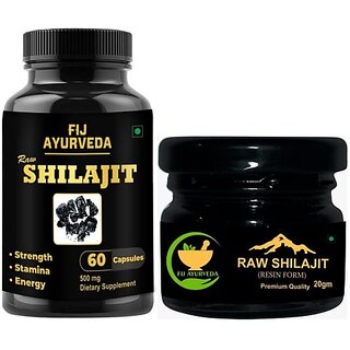                       FIJ AYURVEDA Raw Shilajit Extract 60 Capsules with Raw Shilajit Resin - 20Gm (Combo Pack) (Pack of 2)                                              