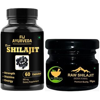FIJ AYURVEDA Raw Shilajit Extract 60 Capsules with Raw Shilajit Resin - 20Gm (Combo Pack) (Pack of 2) FIJ AYURVEDA Raw Shilajit Extract 60 Capsules with Raw Shilajit Resin - 20Gm (Combo Pack) (Pack of 2)