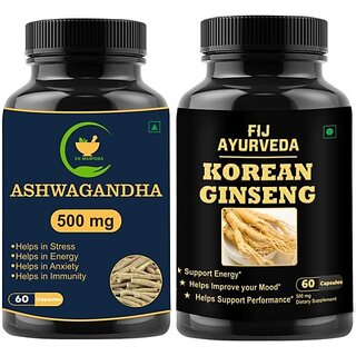                       FIJ AYURVEDA Ashwagandha Capsule with Korean Ginseng Capsule for Anxiety, Stress  and  Energy (Pack of 2)                                              