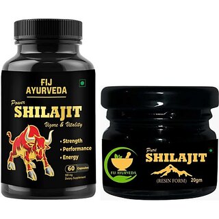                       FIJ AYURVEDA Pure Shilajit Resin 20Gm with Power Shilajit Extract 60 Capsules (Combo Pack) (Pack of 2)                                              