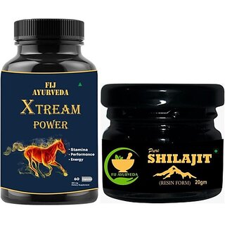                       FIJ AYURVEDA Pure Shilajit Resin 20Gm with Xtream Power 60 Capsules (Combo Pack) (Pack of 2)                                              