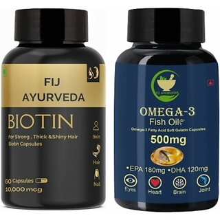                       FIJ AYURVEDA Biotin 10000MCG Capsule with Omega 3 Softgel 500mg Combo Pack (2 x 250 mg)                                              