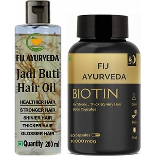 FIJ AYURVEDA Biotin 10000MCG Capsule with Jadi Buti Hair Oil 200Ml Combo Pack (200 ml) FIJ AYURVEDA Biotin 10000MCG Capsule with Jadi Buti Hair Oil 200Ml Combo Pack (200 ml)