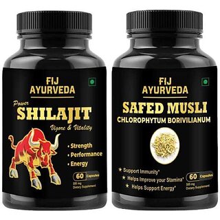                       FIJ AYURVEDA Power Shilajit  and  Safed  Capsule for Strength  and  Stamina 60 Capsules Combo (Pack of 2)                                              