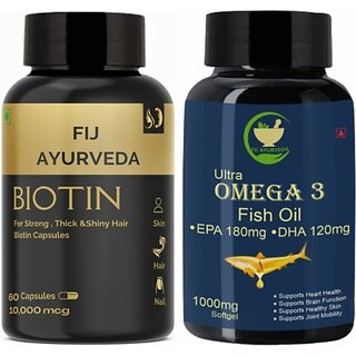                       FIJ AYURVEDA Biotin 10000 MCG Capsule with Ultra Omega 3 Softgel 1000mgCombo Pack (1000 mg)                                              