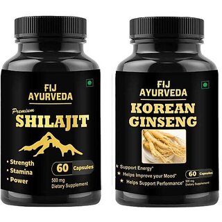                       FIJ AYURVEDA Premium Shilajit  and  Korean Ginseng Capsule for Energy 60 Capsules Combo (Pack of 2)                                              