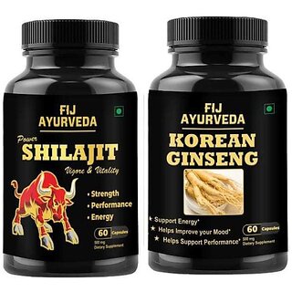                       FIJ AYURVEDA Power Shilajit  and  Korean Ginseng Extract for Stamina  and  Energy 60 Capsules Combo (Pack of 2)                                              
