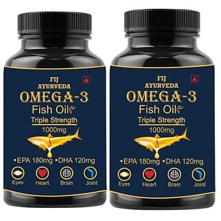                       FIJ AYURVEDA Triple Omega 3 Fish Oil Fatty Acid (180 mg EPA  and  120 mg DHA) 1000mg 60 Softgel (2 x 1000 mg)                                              