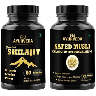                       FIJ AYURVEDA Premium Shilajit  and  Safed  Capsule for Energy  and  Stamina 60 Capsules Combo (Pack of 2)                                              