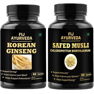 FIJ AYURVEDA Korean Ginseng and Safed Capsule for Energy and Stamina 60 Capsules Combo (2 x 250 mg) FIJ AYURVEDA Korean Ginseng and Safed Capsule for Energy and Stamina 60 Capsules Combo (2 x 250 mg)