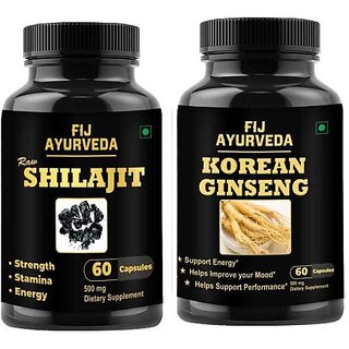                       FIJ AYURVEDA Raw Shilajit  and  Korean Ginseng Extract for Vigor  and  Vitality 60 Capsules Combo (Pack of 2)                                              