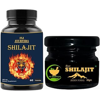                       FIJ AYURVEDA Pure Shilajit Resin 20Gm with Shilajit Capsule 60 Capsules (Combo Pack) (Pack of 2)                                              