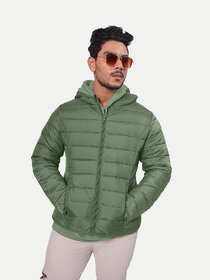 Men Classic Green puffed quilted Jacket with side pockets and hoodie