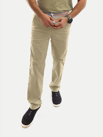 Men Solid Beige Twill Trouser with elastic waist band