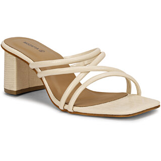                       Mozafia Square Toe-Strappy-3 Synthetic Textured Upper Cushioned Footbed Partywear, Comfortable Heel For Women (Beige)                                              