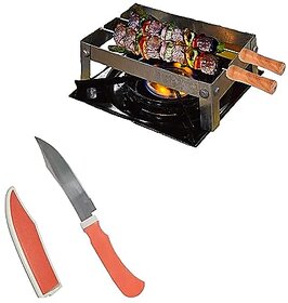 ANSHEZ Foldable Barbeque Grill Stand for Gas Stove, Mini Tandoor Stand with 2 Skewers  1 Jali  Small Knife with Cover