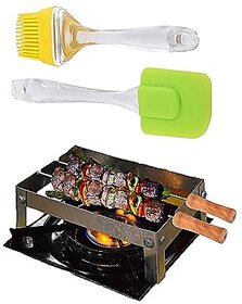 ANSHEZ Foldable Barbeque Stand with 2 Skewers  1 Jali, 1 Silicone Spatula Brush, and 1 Pastry Brush